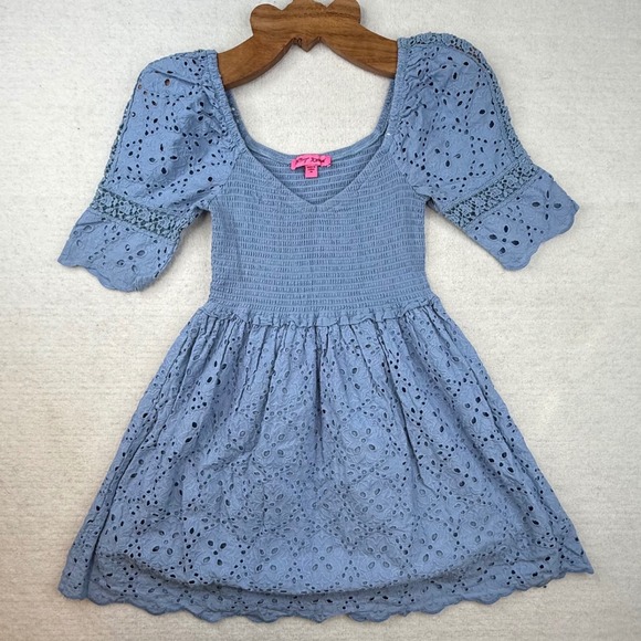 Betsey Johnson Blue Eyelet Smocked Mini Dress Sweetheart Puff Sleeve croquette - Picture 10 of 11